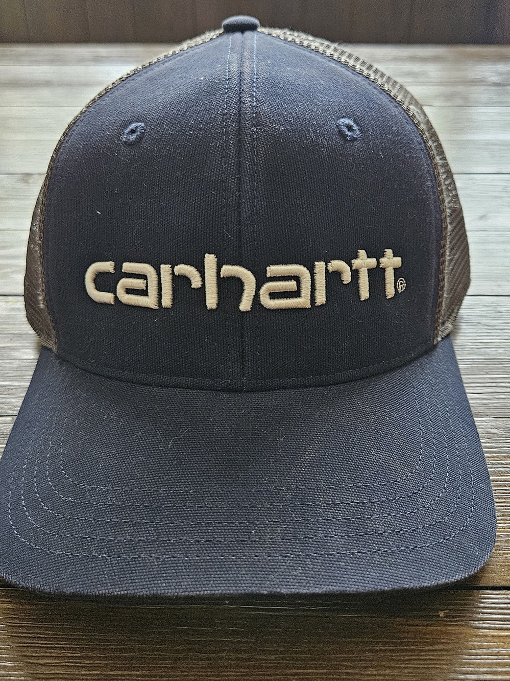 Carhartt Trucker Hat Navy Blue Grey Mesh Snapback Embroidered Logo Workwear Cap